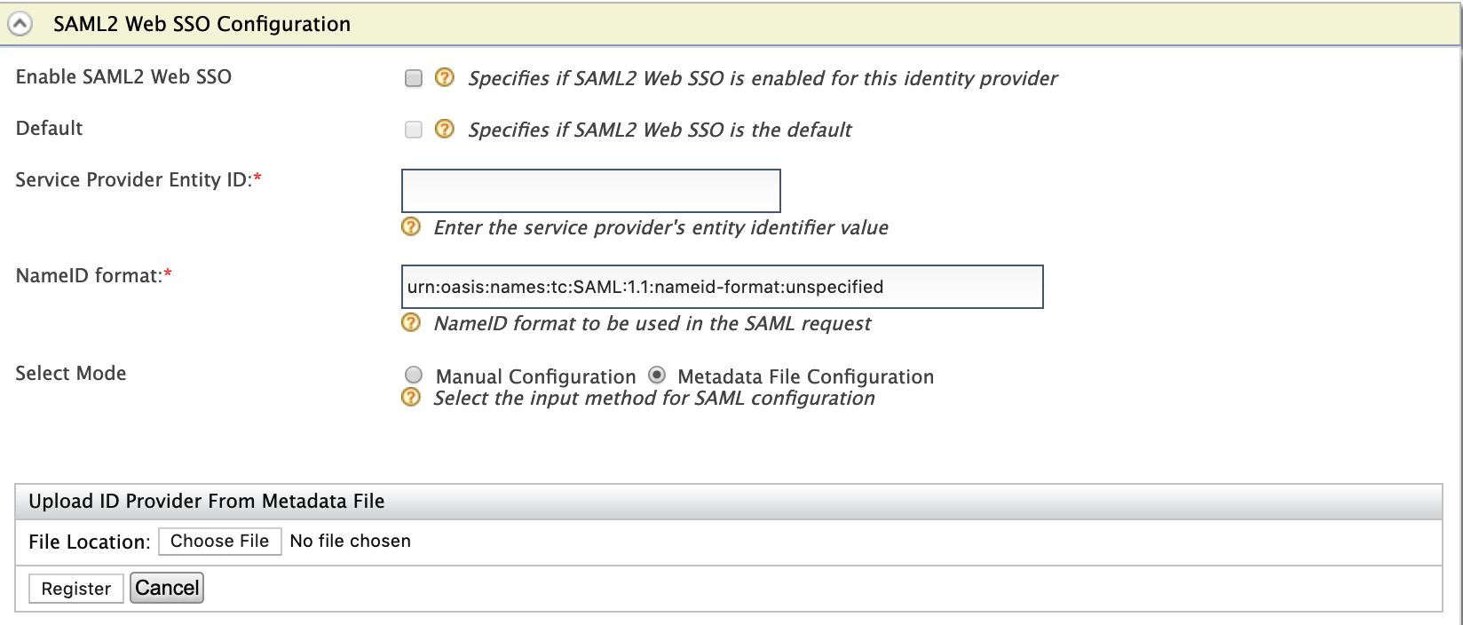 SAML2 Web SSO File Upload Configuration screen