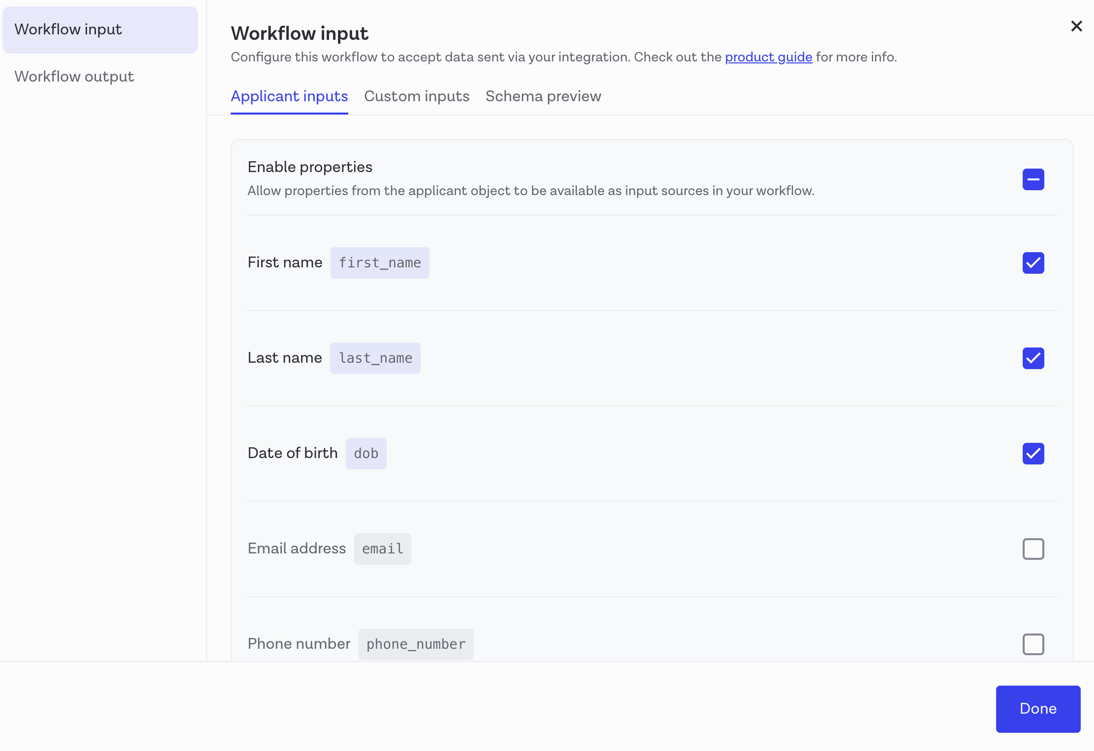 Onfido workflow inputs
