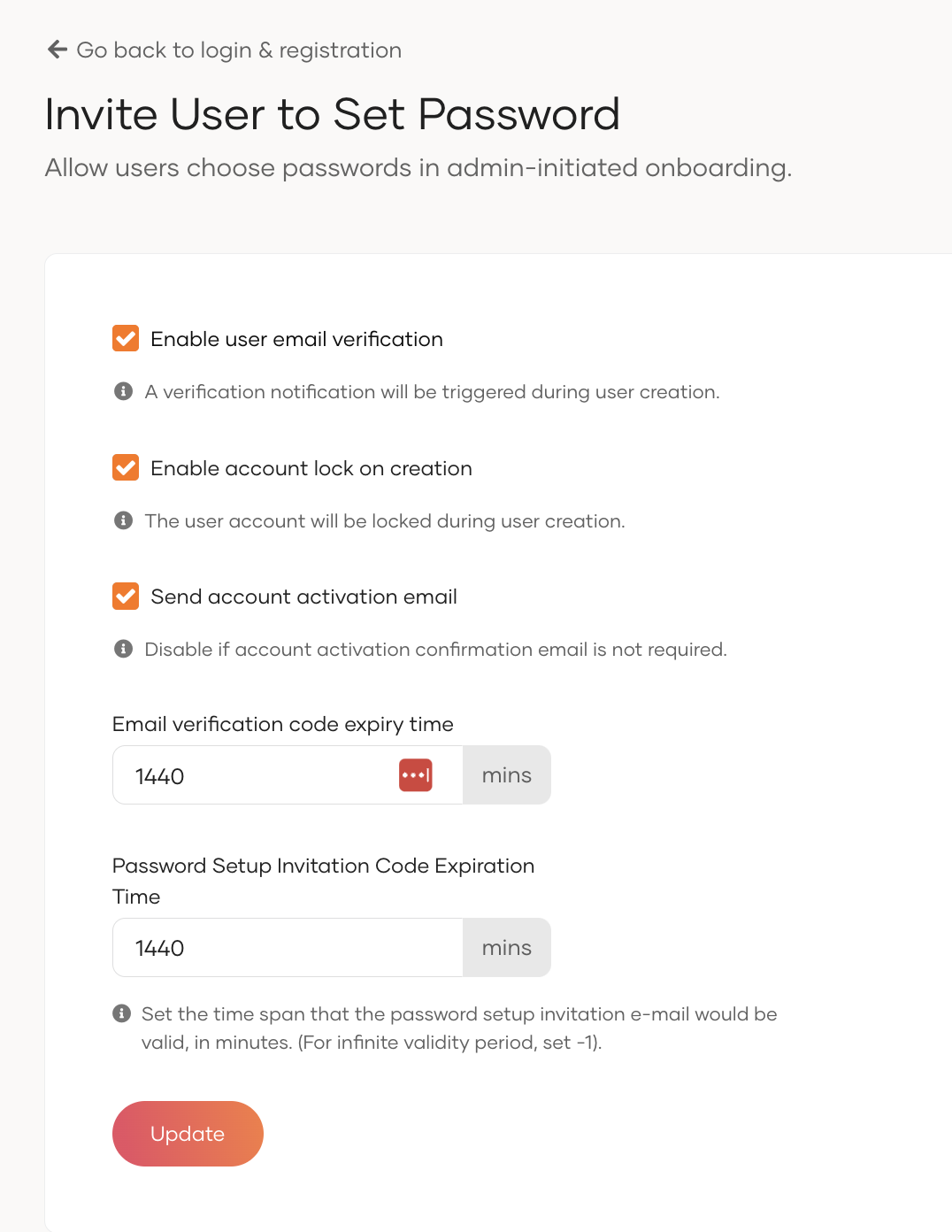 Invite User to Set Password Configuration