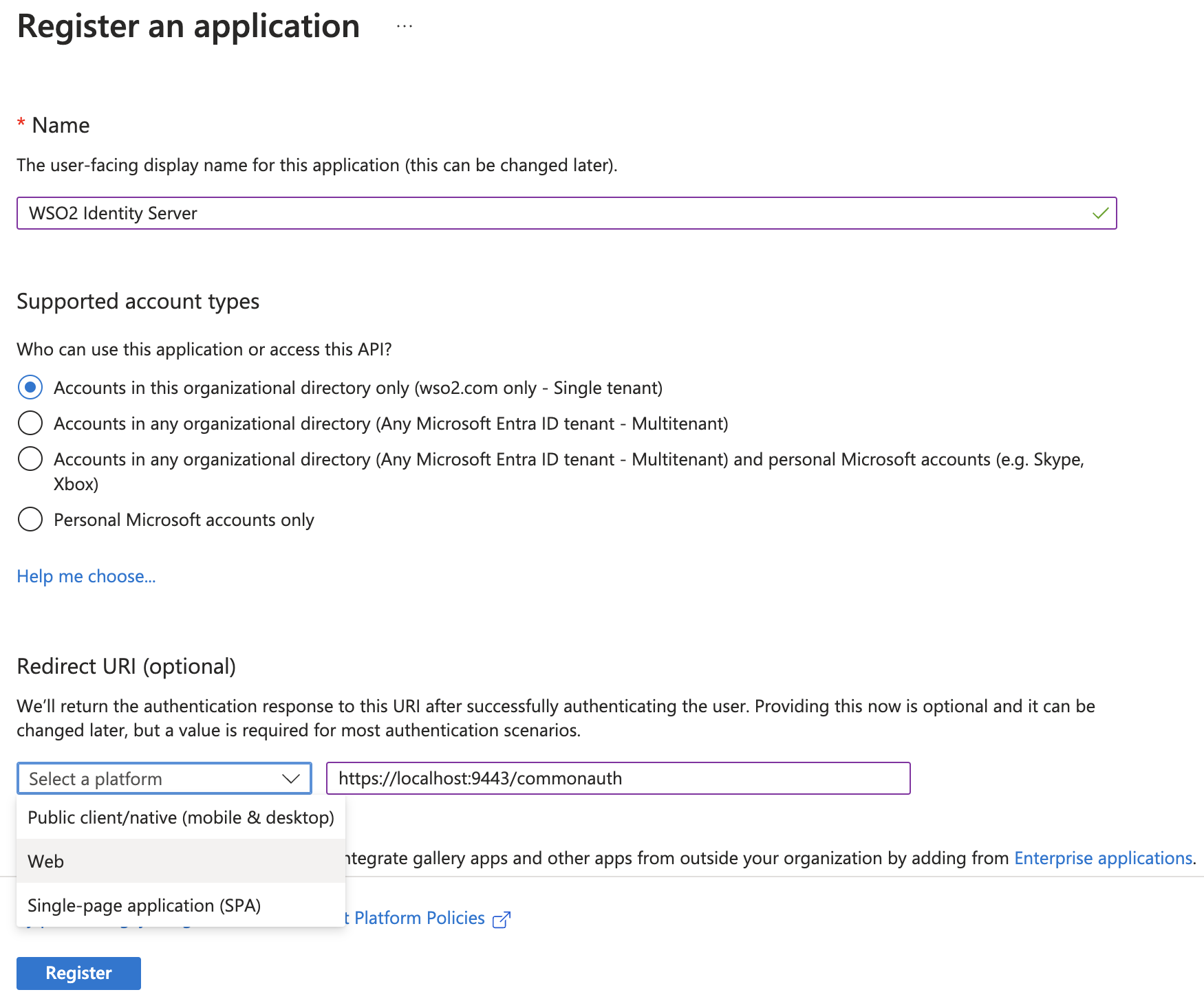 Register an application on the Azure Portal
