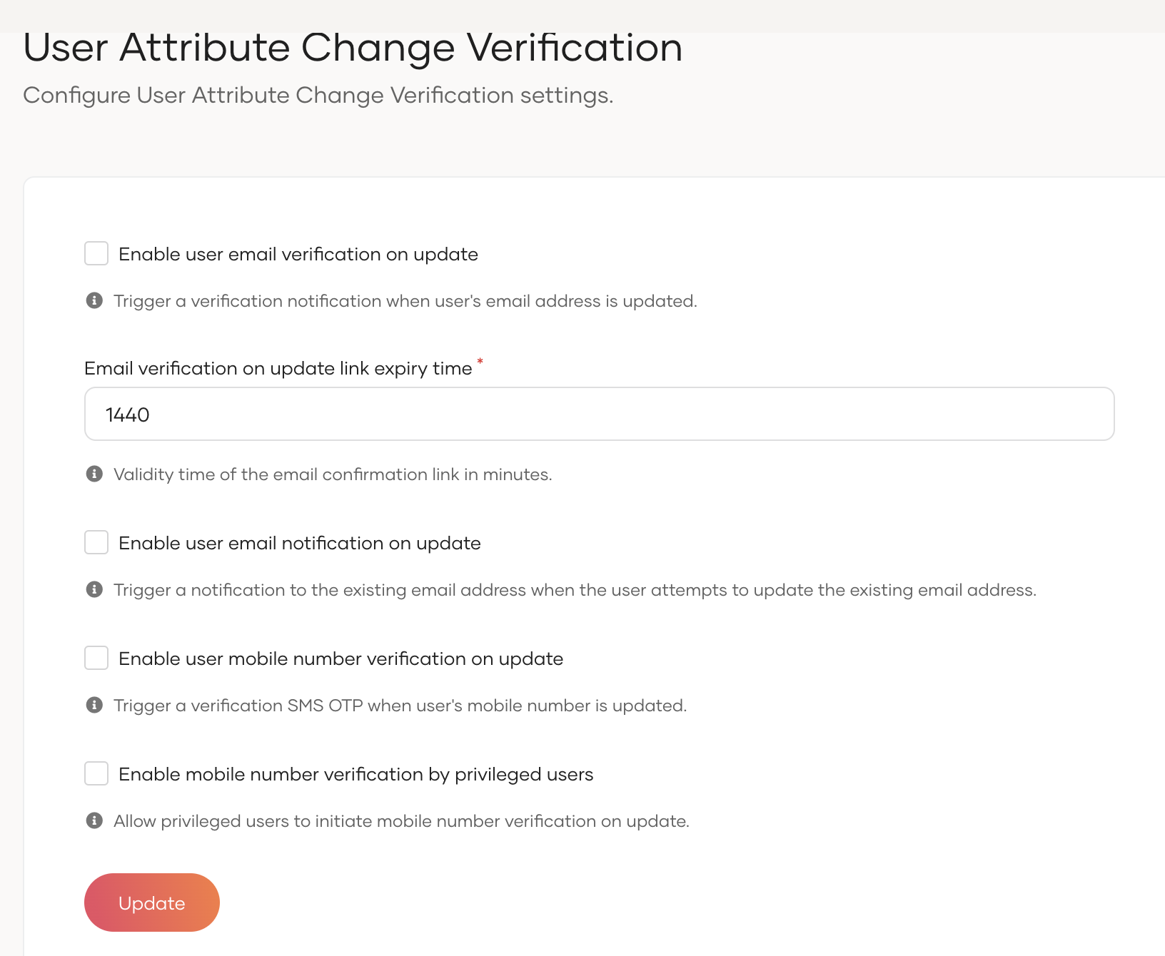 User attributes change verification settings