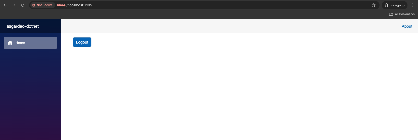 Application Home page after authentication