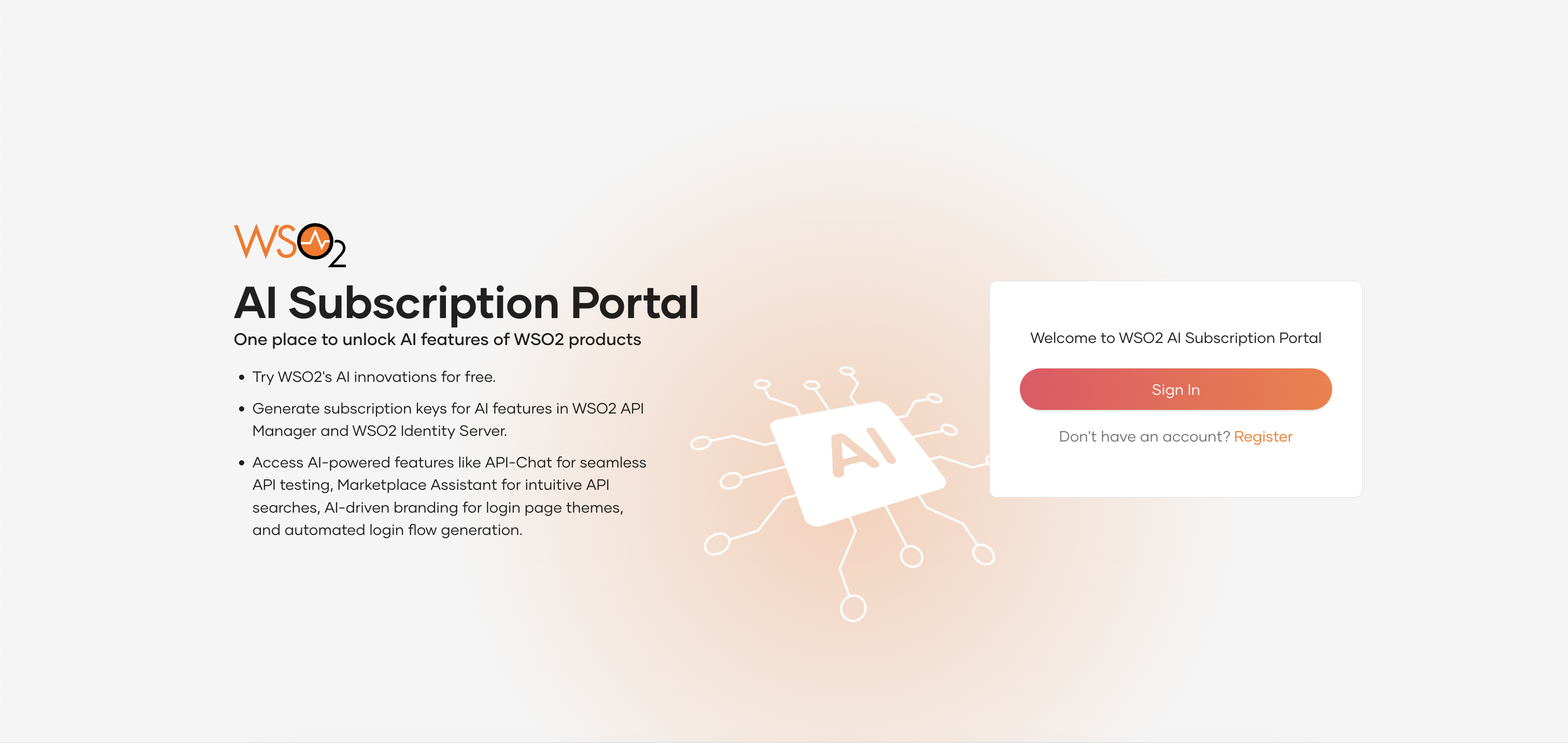 WSO2 AI subscription portal landing page