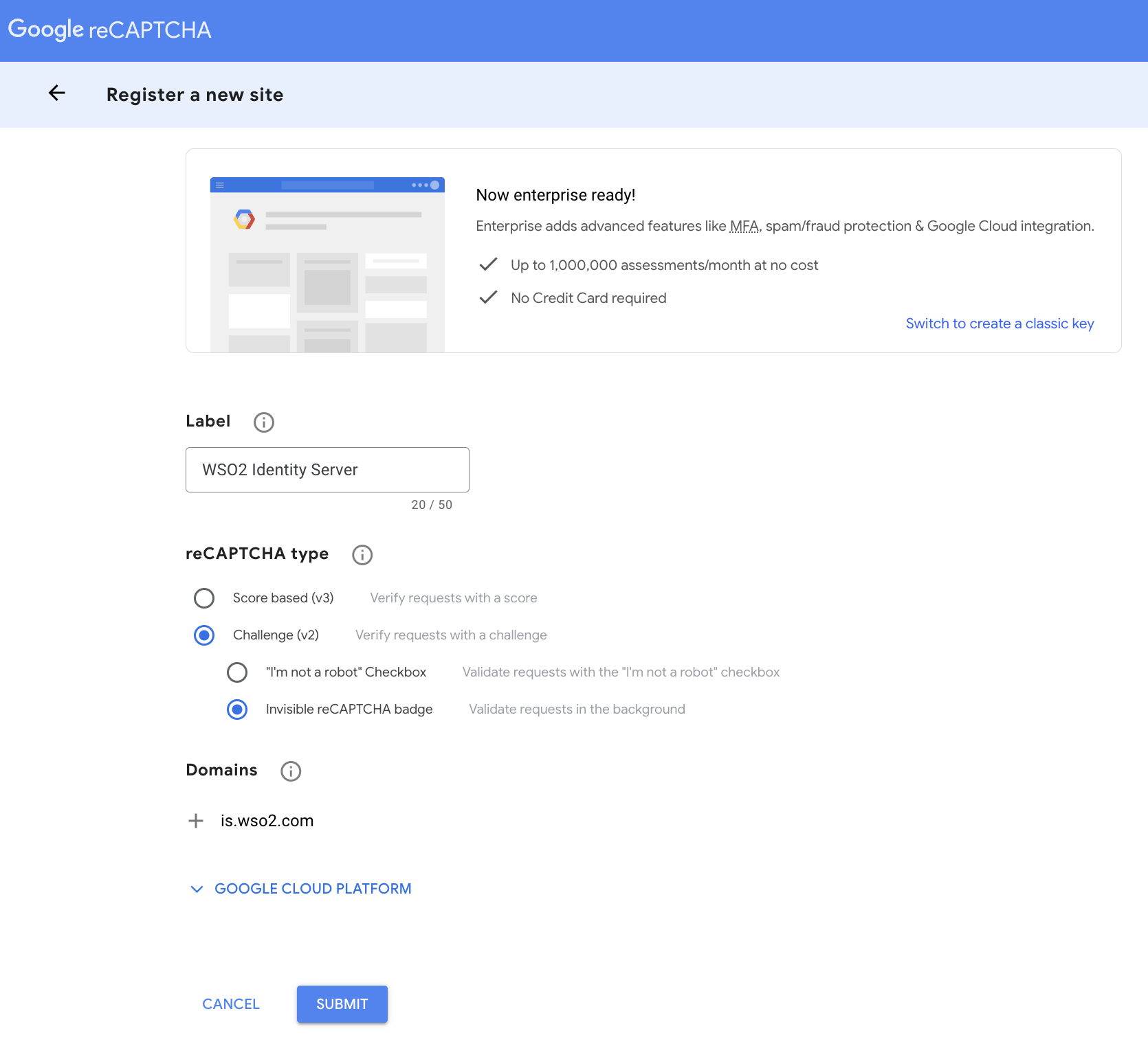 Configure reCAPTCHA in Google
