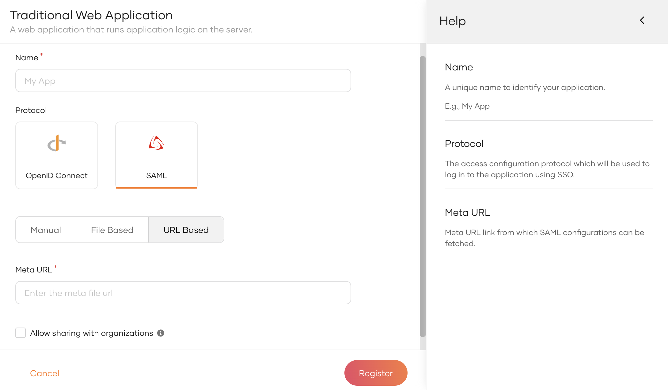 Register SAML app using meta url