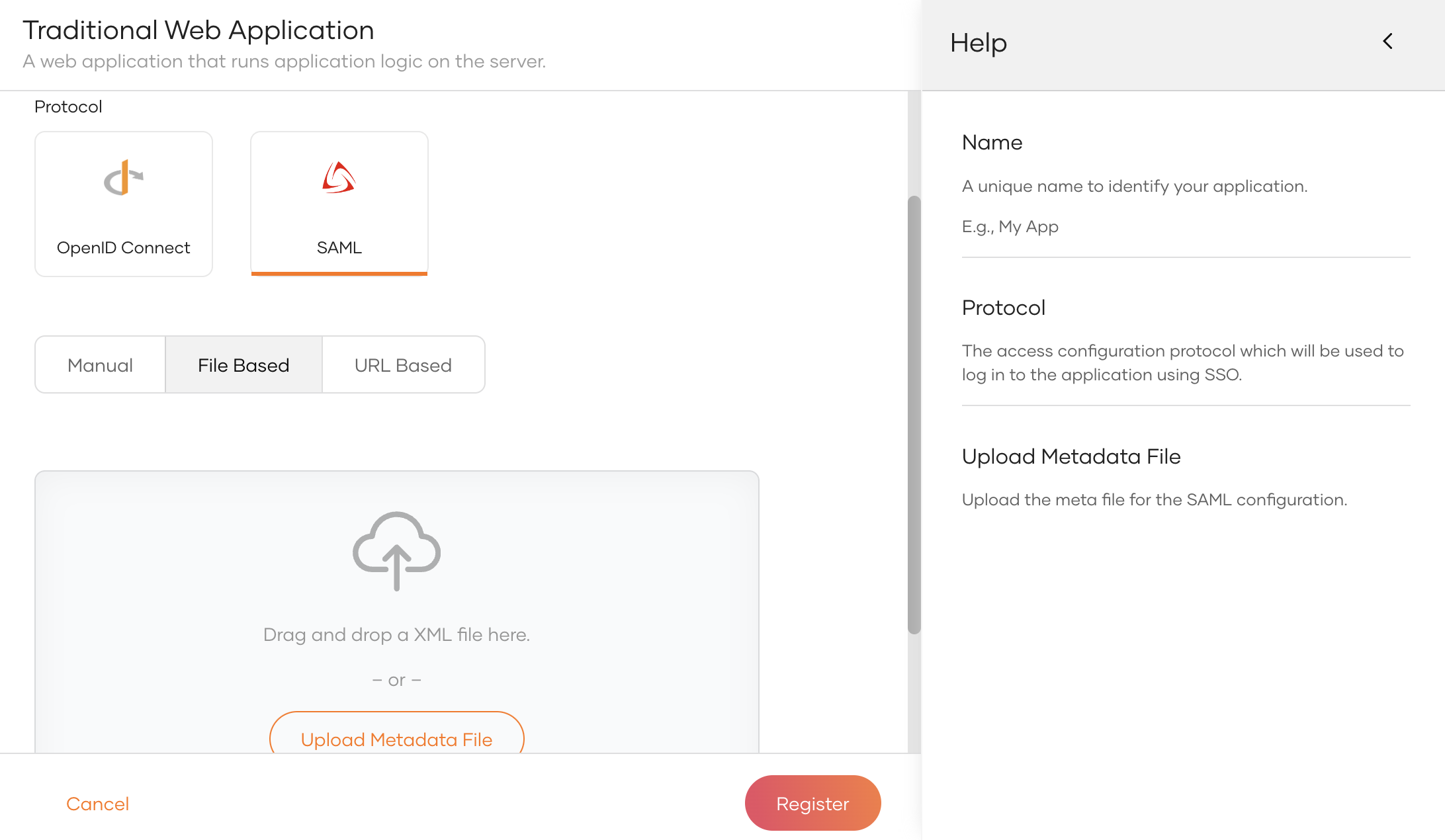 Register SAML app using metadata file