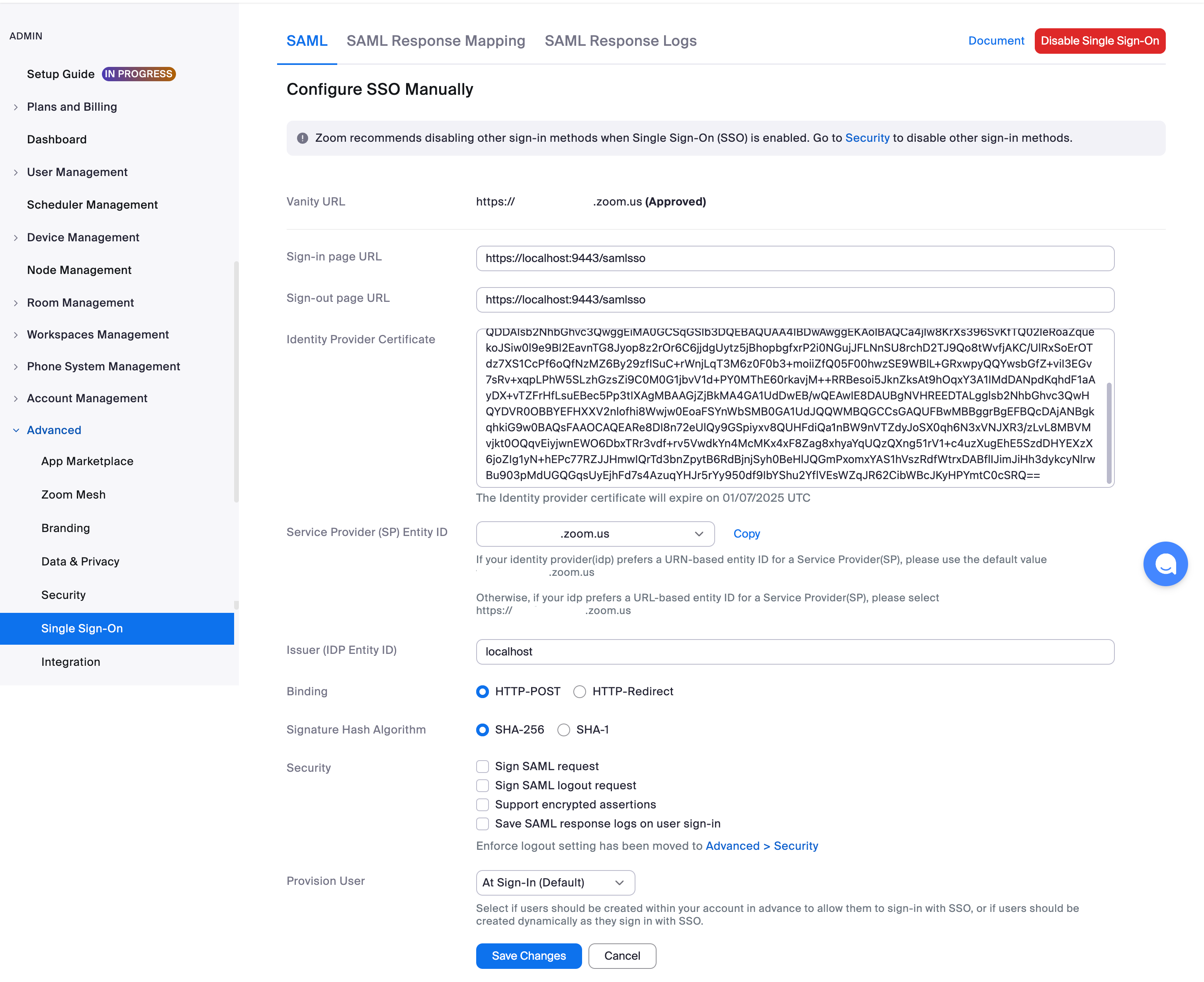 Sample Zoom SSO Settings Form