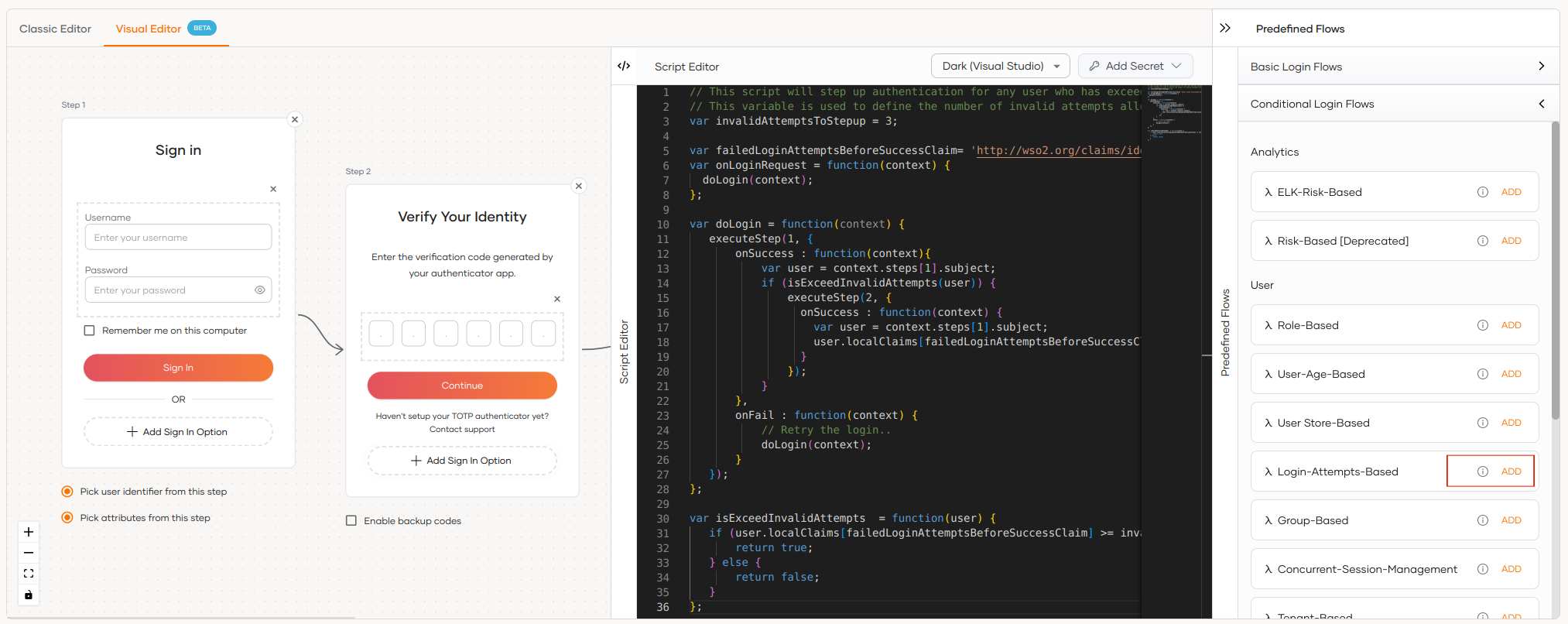 Login attempts based adaptive MFA with visual editor