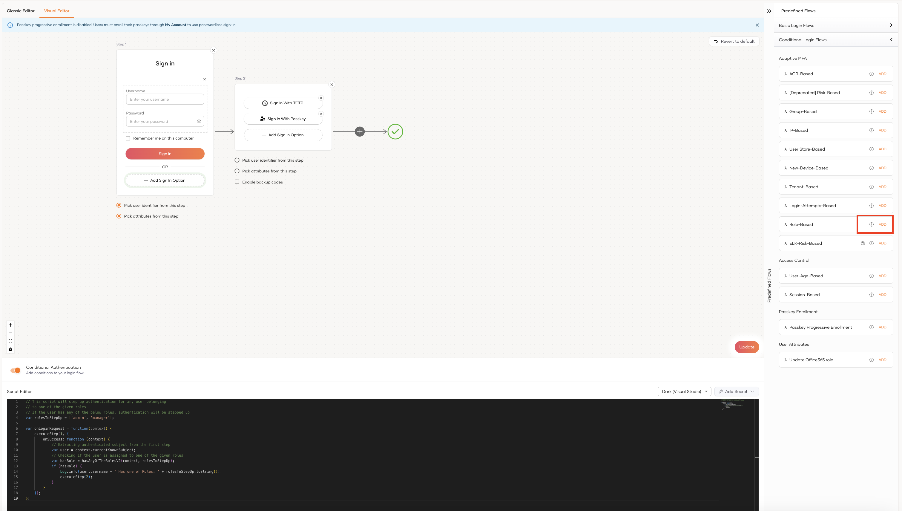 Role-based adaptive MFA with visual editor
