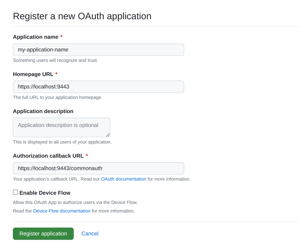 Enter Github app details