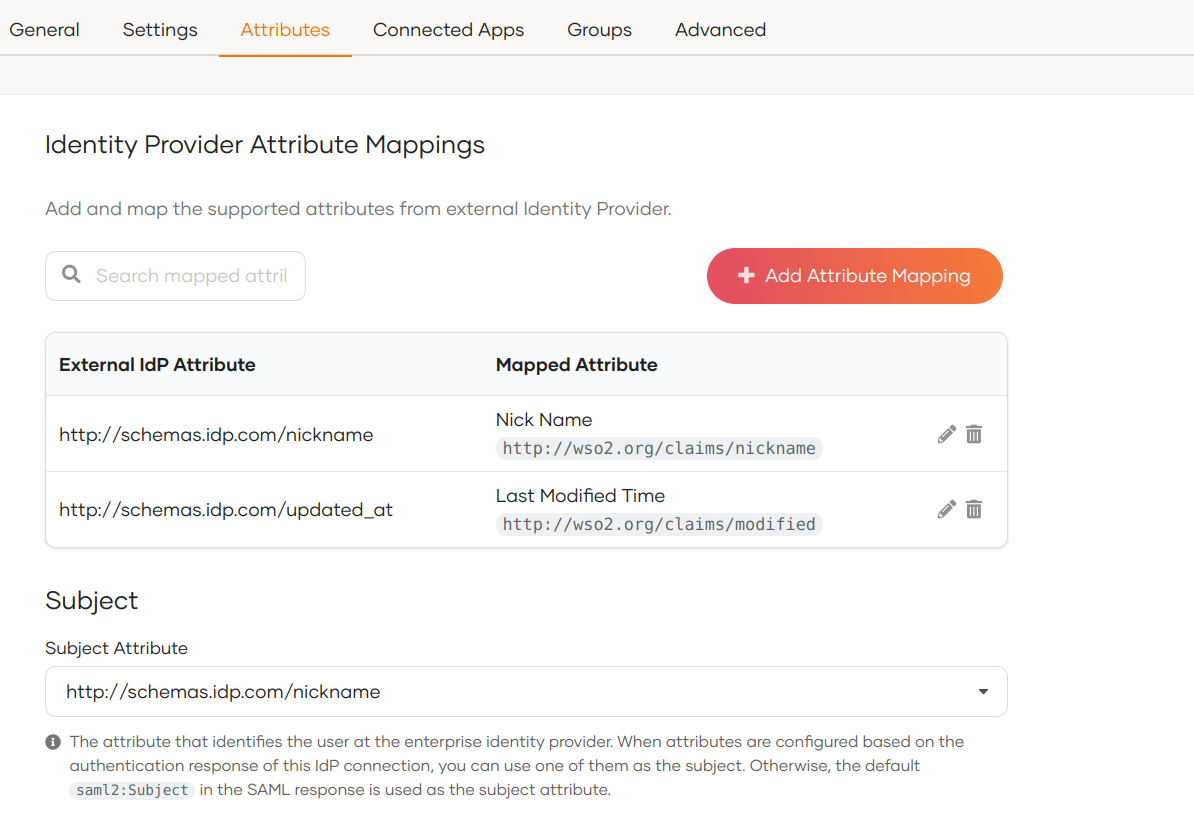 Sample IdP attribute mapping