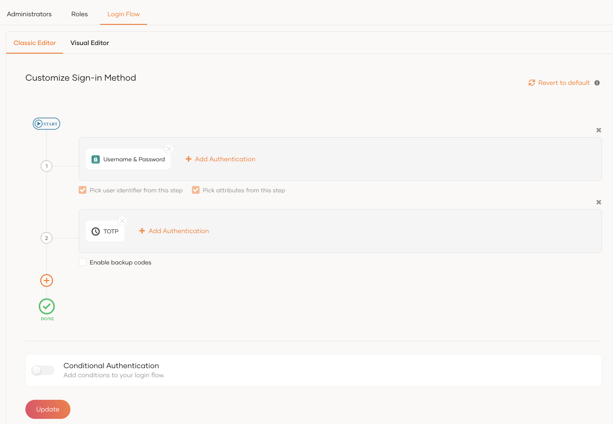 Configure the Console login flow using the classic editor