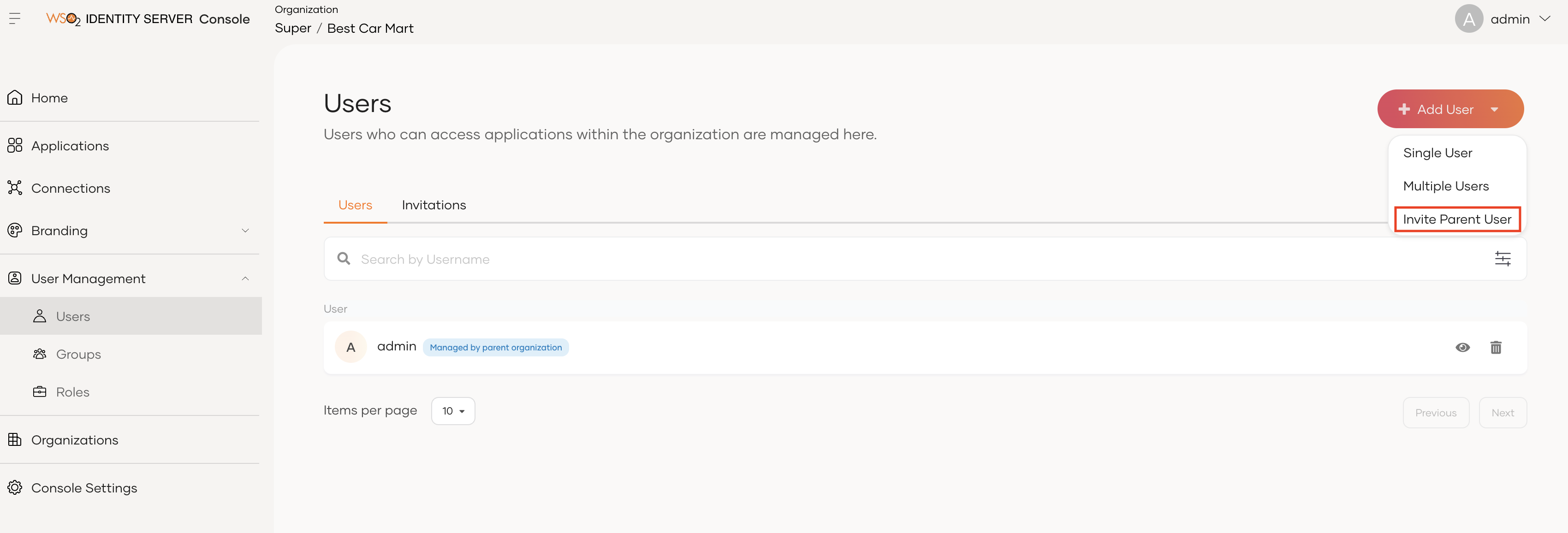 Invite parent organization users