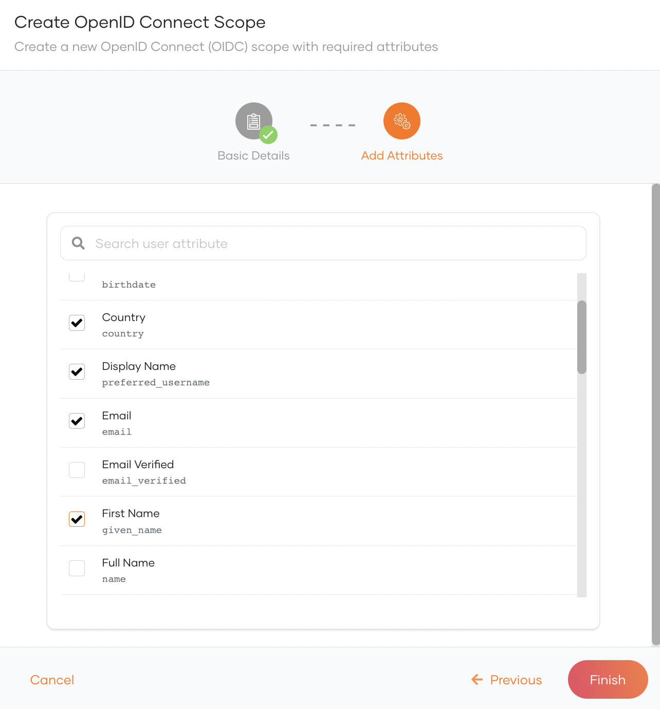 Select attributes corresponding to scope