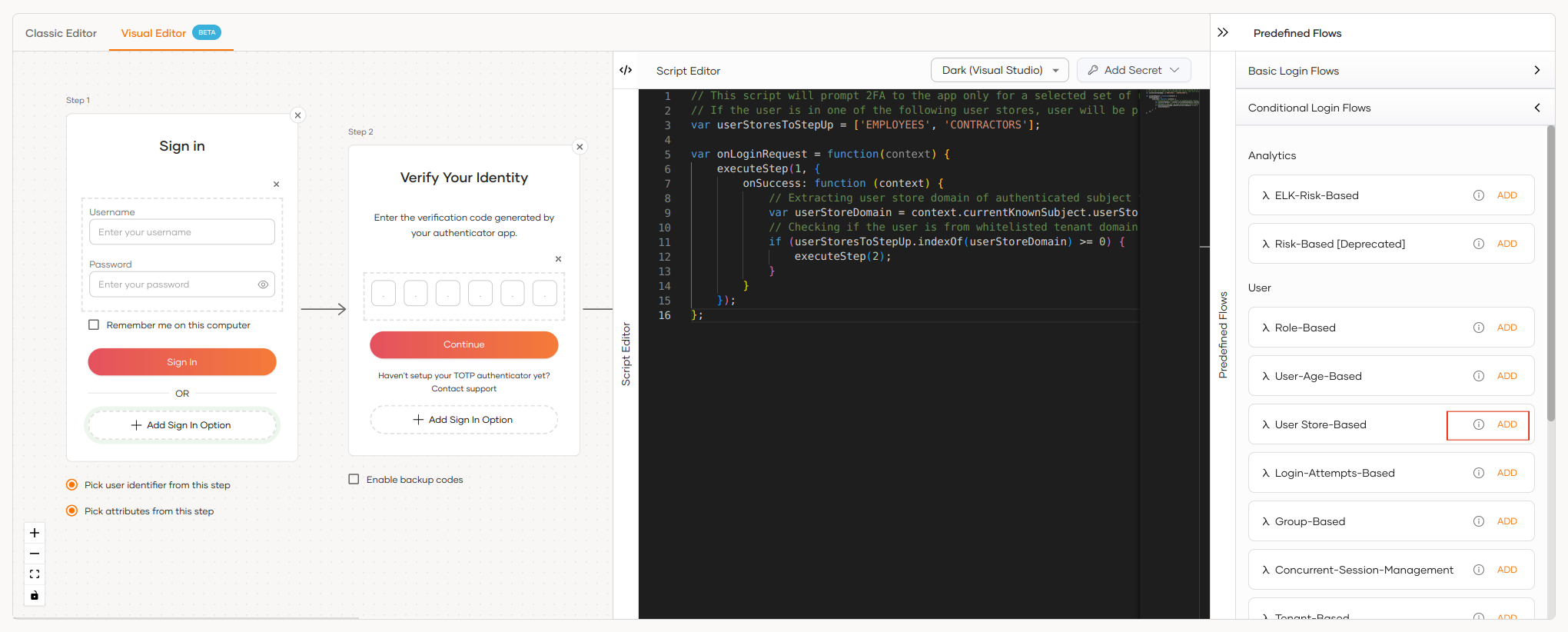User store-based adaptive MFA with visual editor