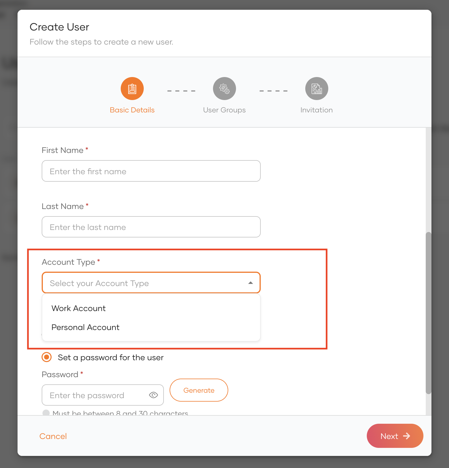 User creation wizard - dropdown input