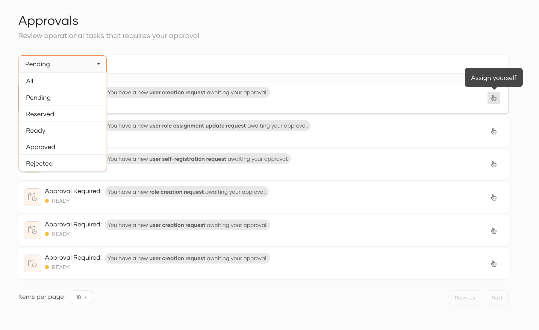 Filter approvals page