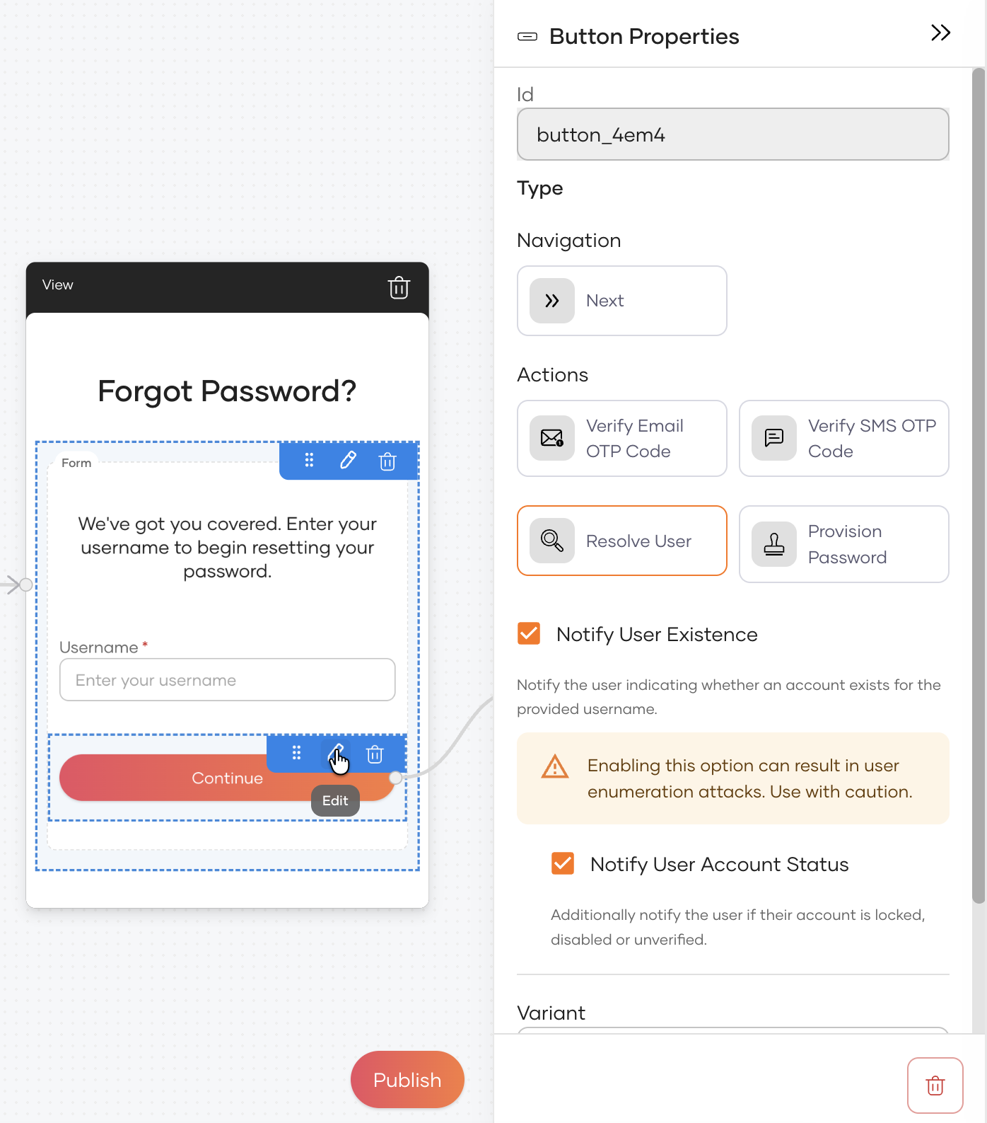 Resolve User properties showing the Notify User Existence and Notify User Account Status checkboxes
