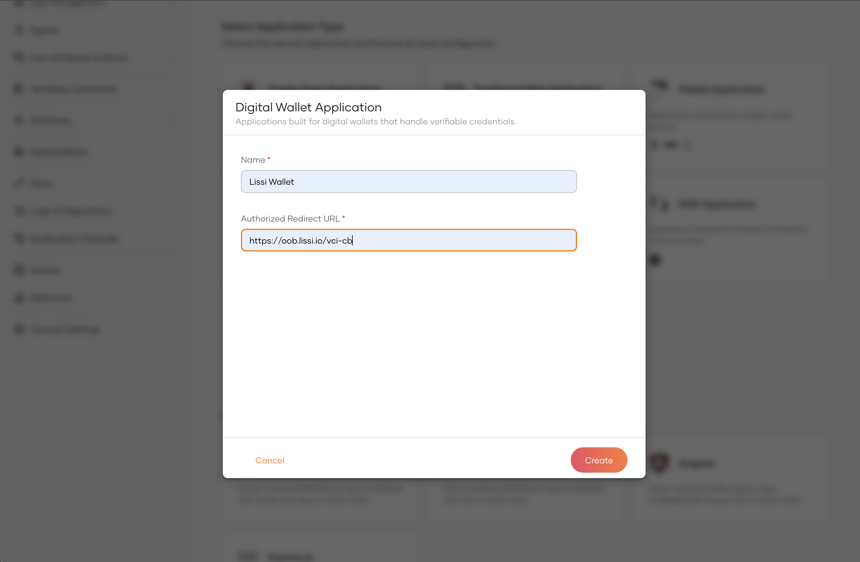 Digital Wallet Application creation dialog