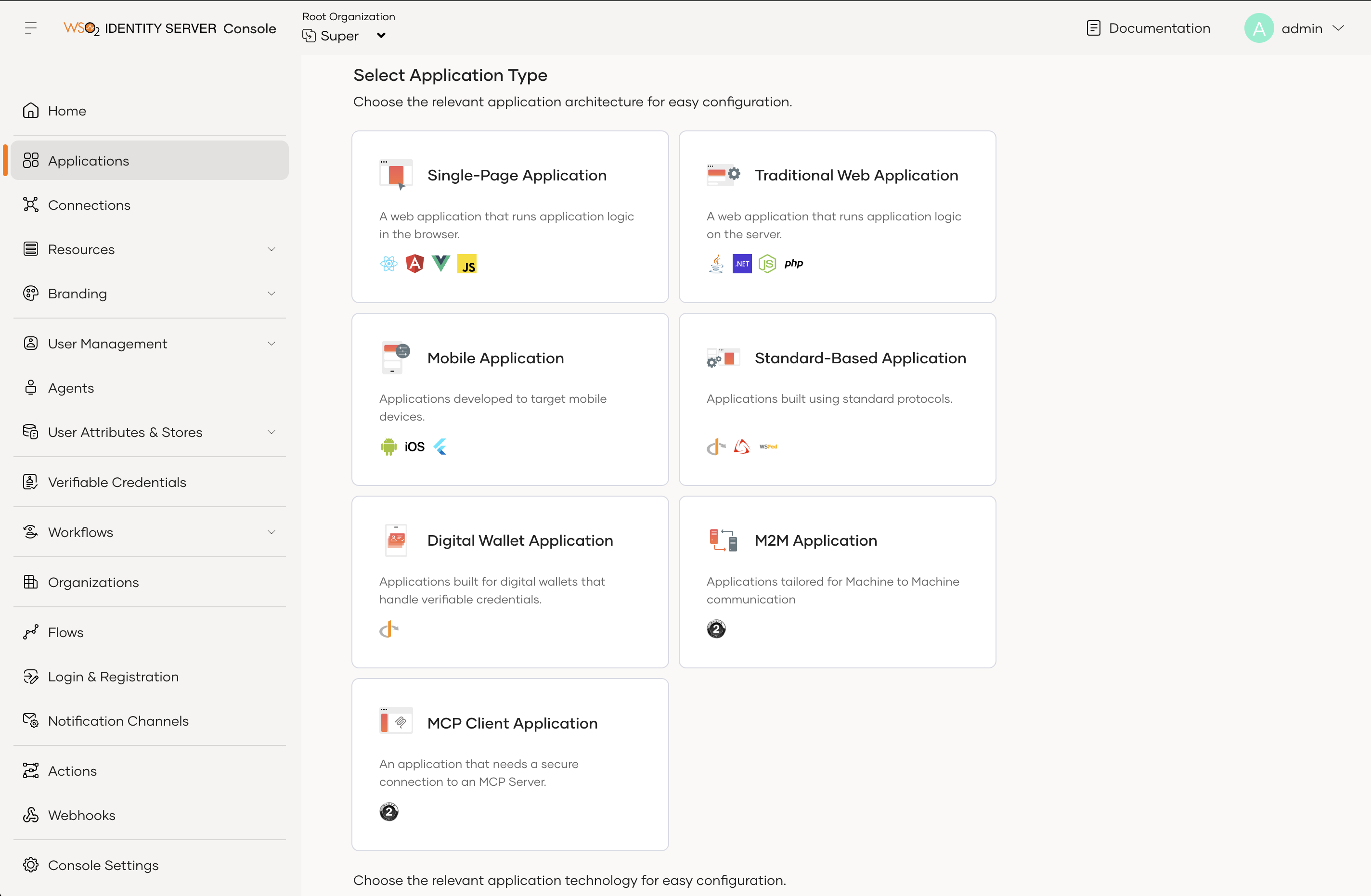 Application type selection highlighting Digital Wallet Application