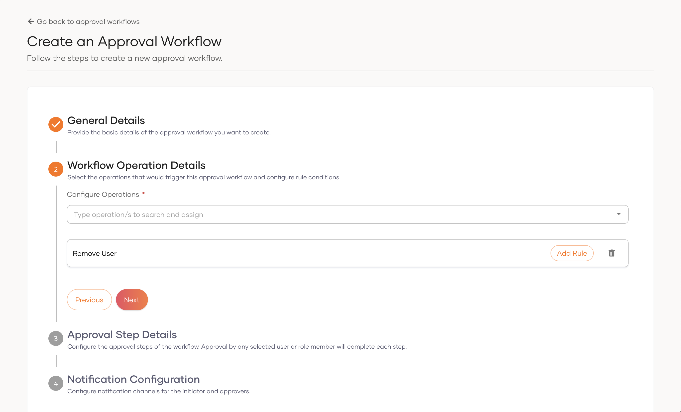 Workflow operation details with rule configuration