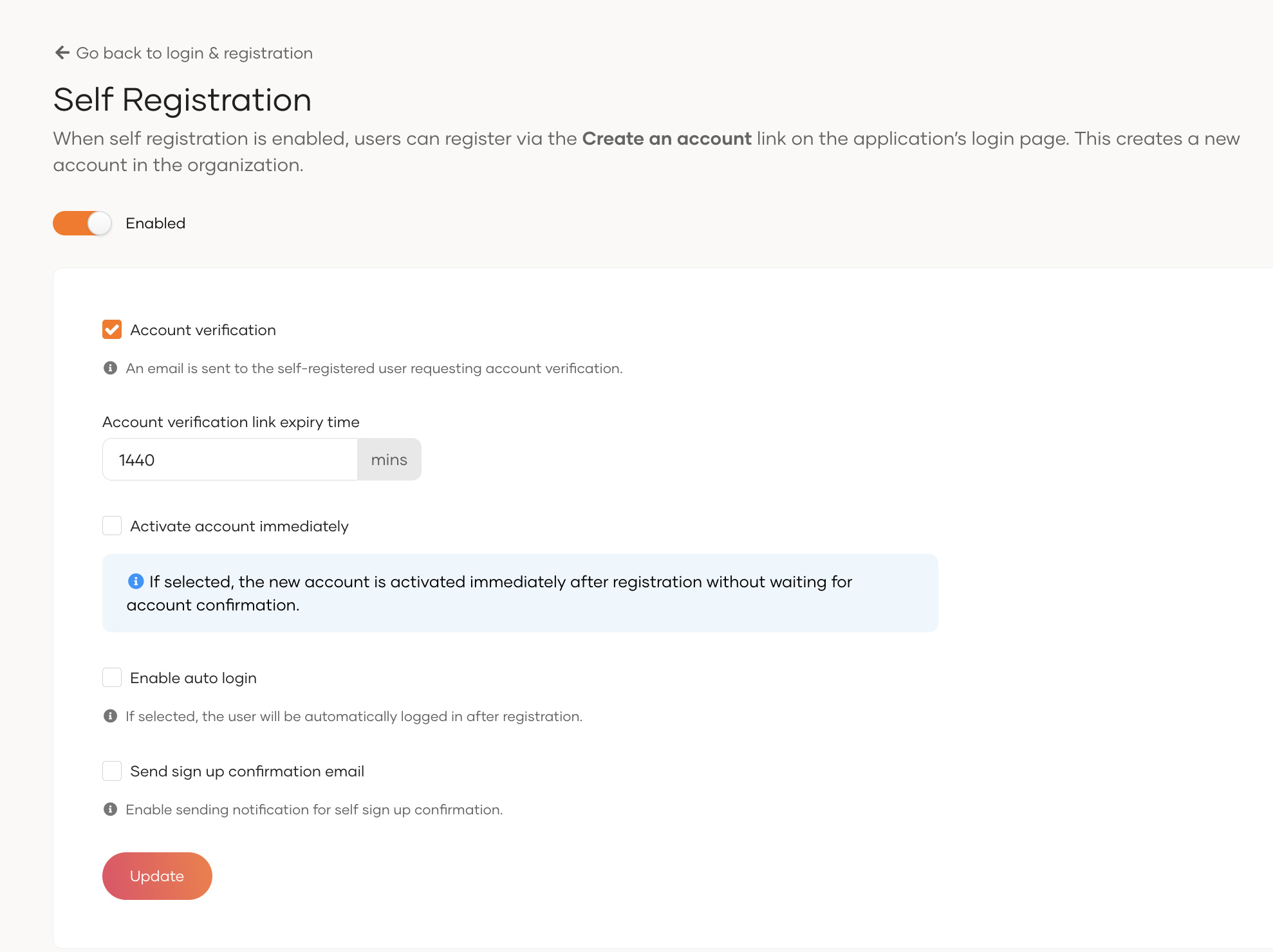 Self Registration Configuration
