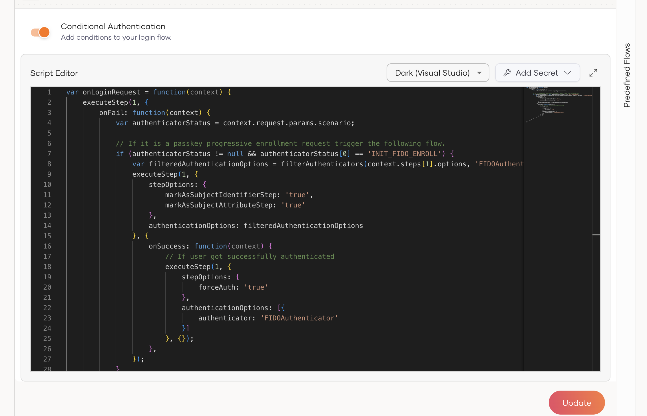 Conditional authentication script editor