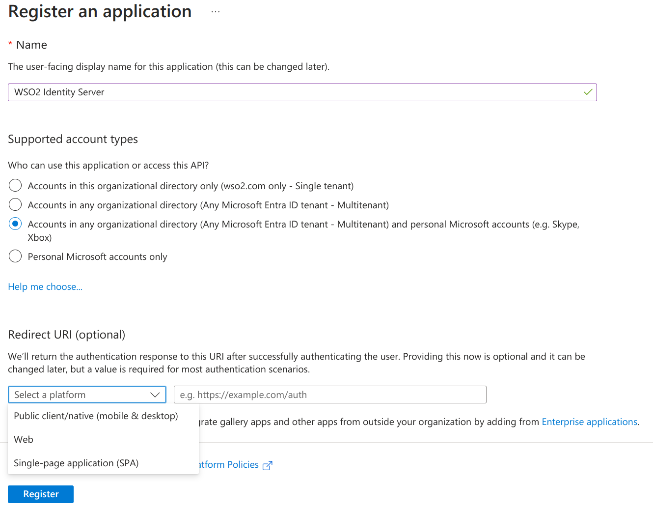 Register an application on the Microsoft Entra admin center