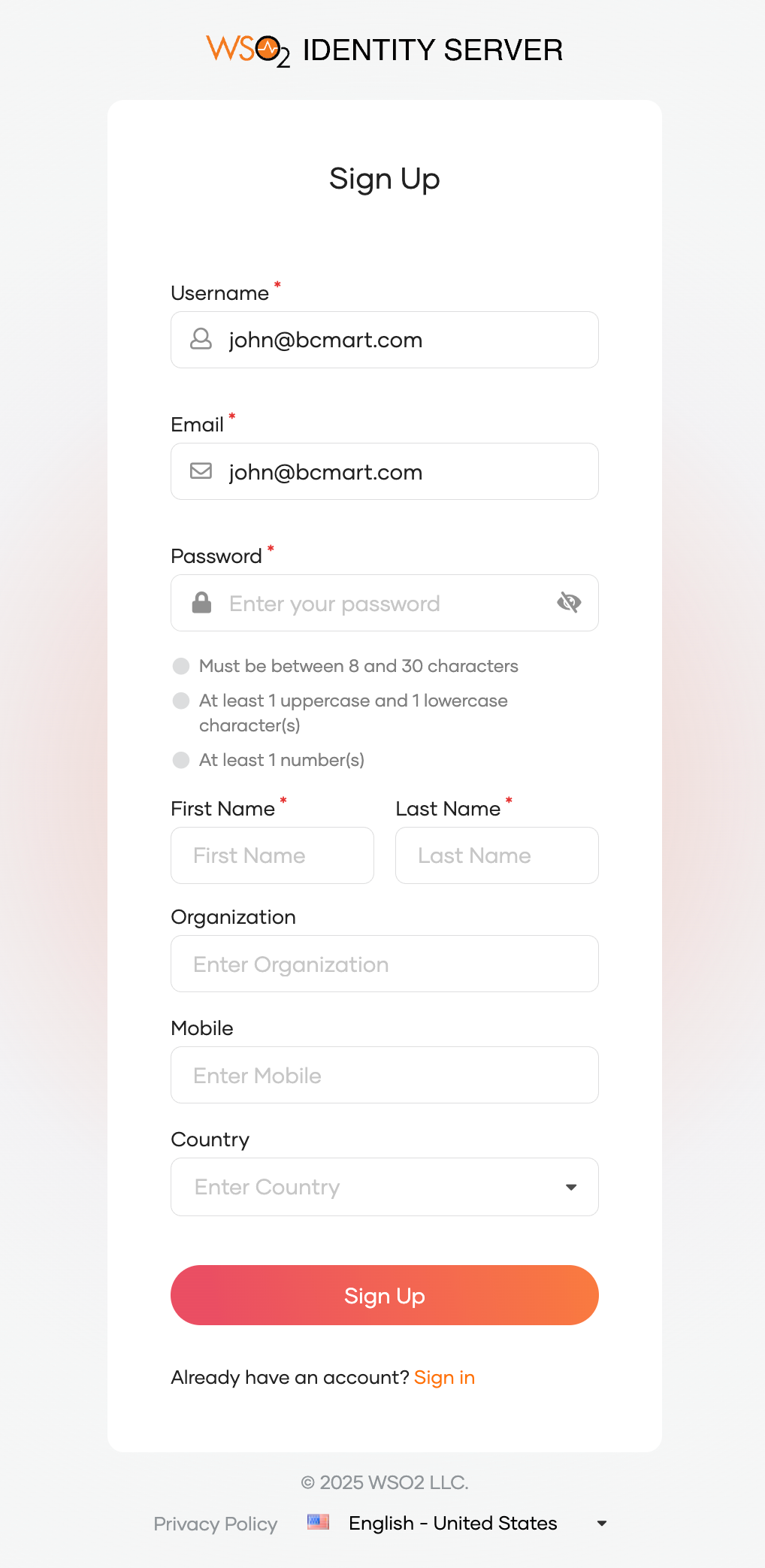 Self-registration form