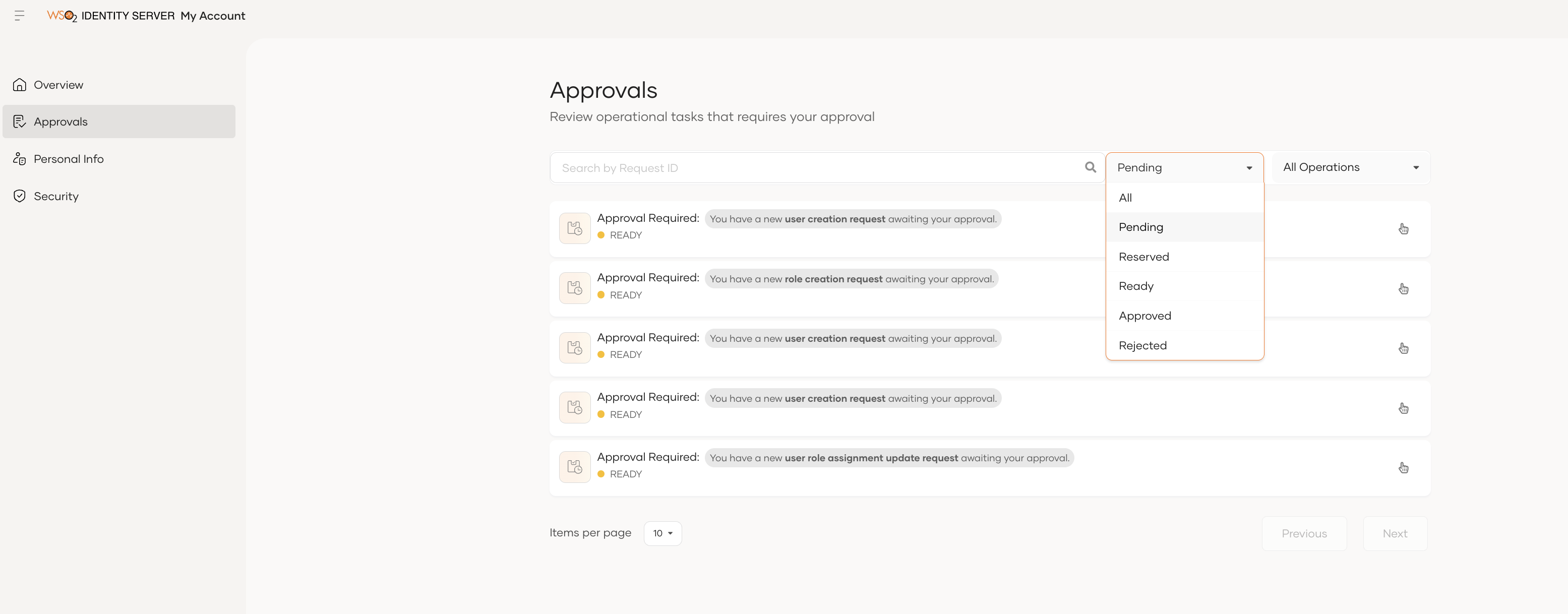 Filter approvals page