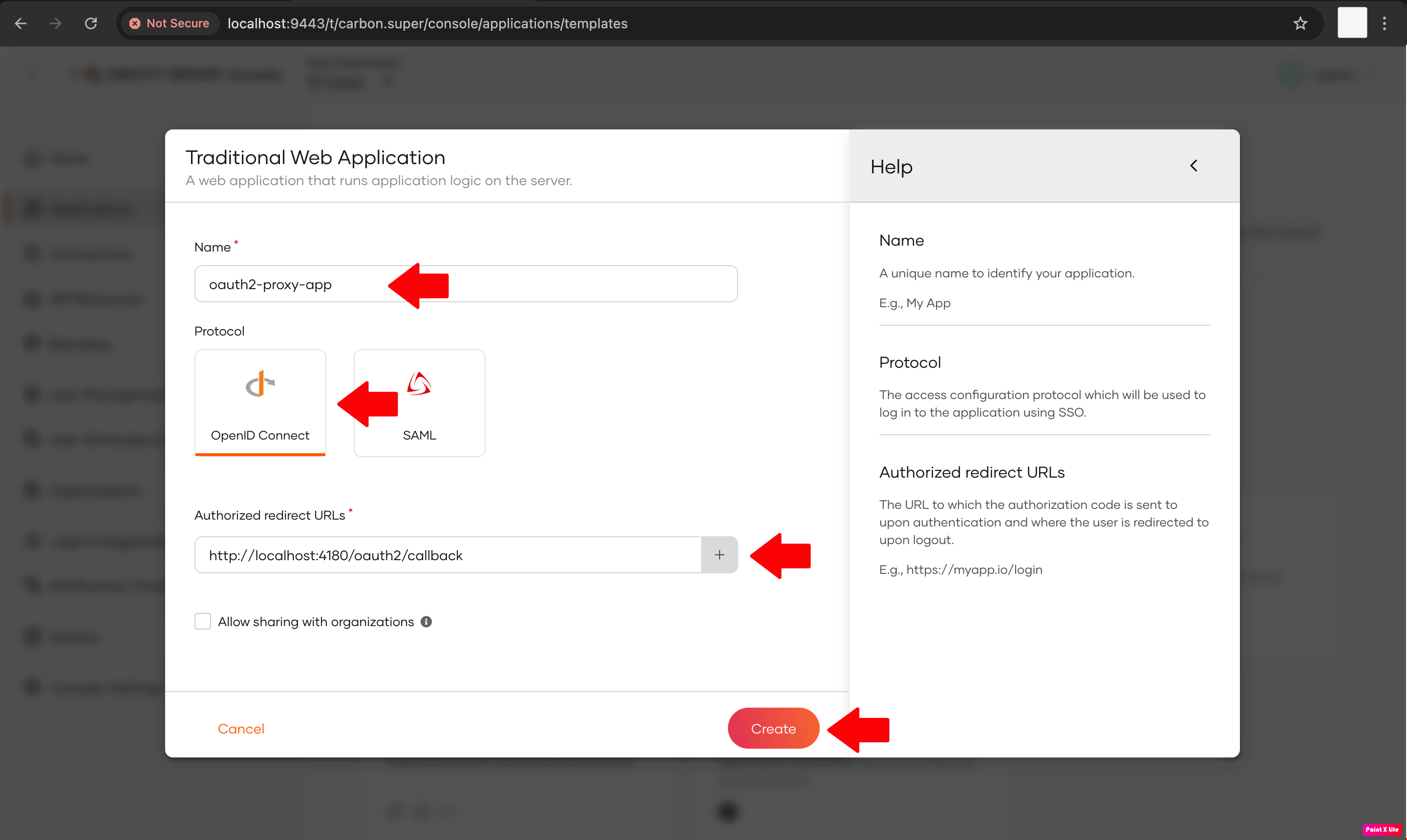 Fill app details step showing the application configuration form with name and callback URL fields