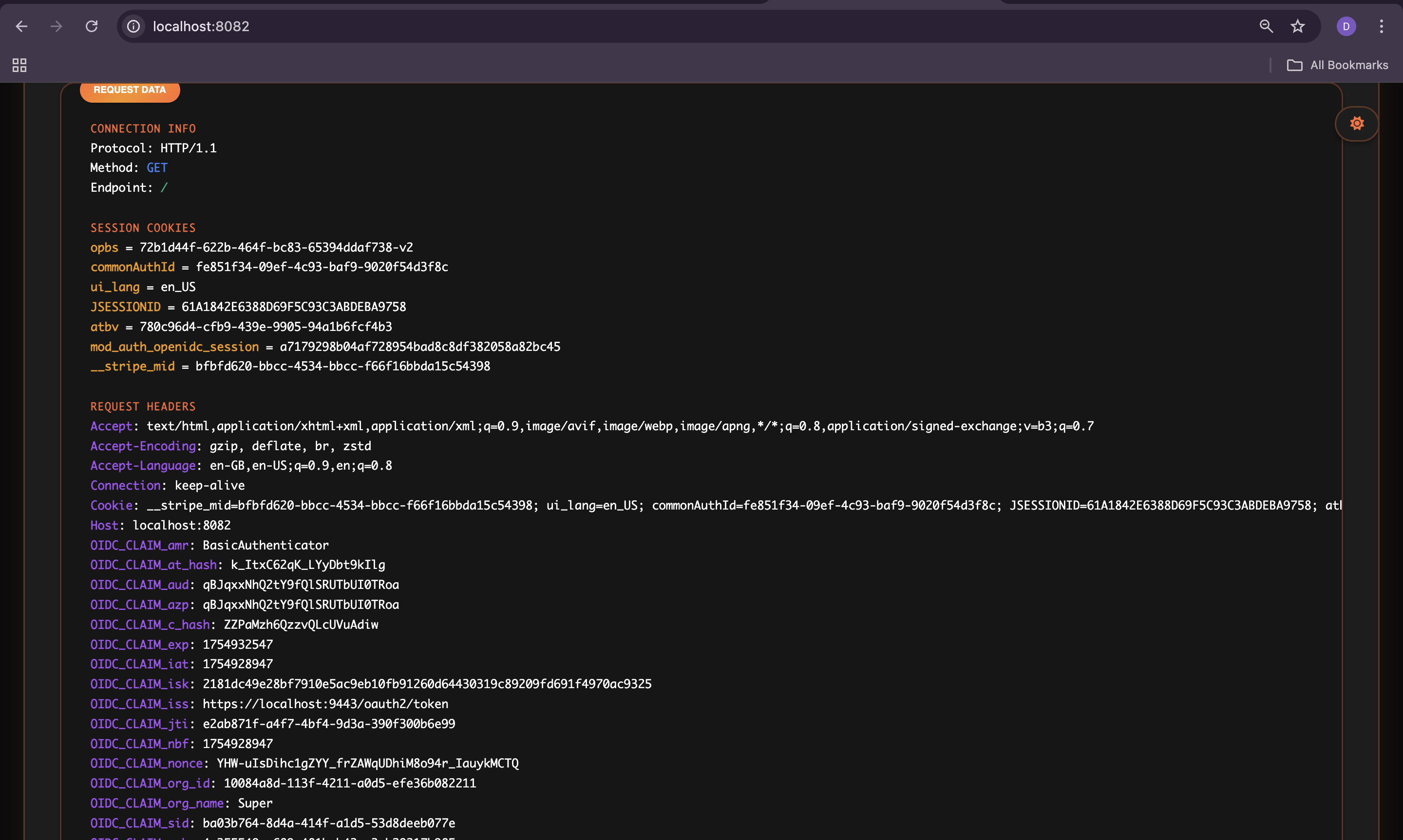 mod_auth_openidc logged in showing successful authentication and user information