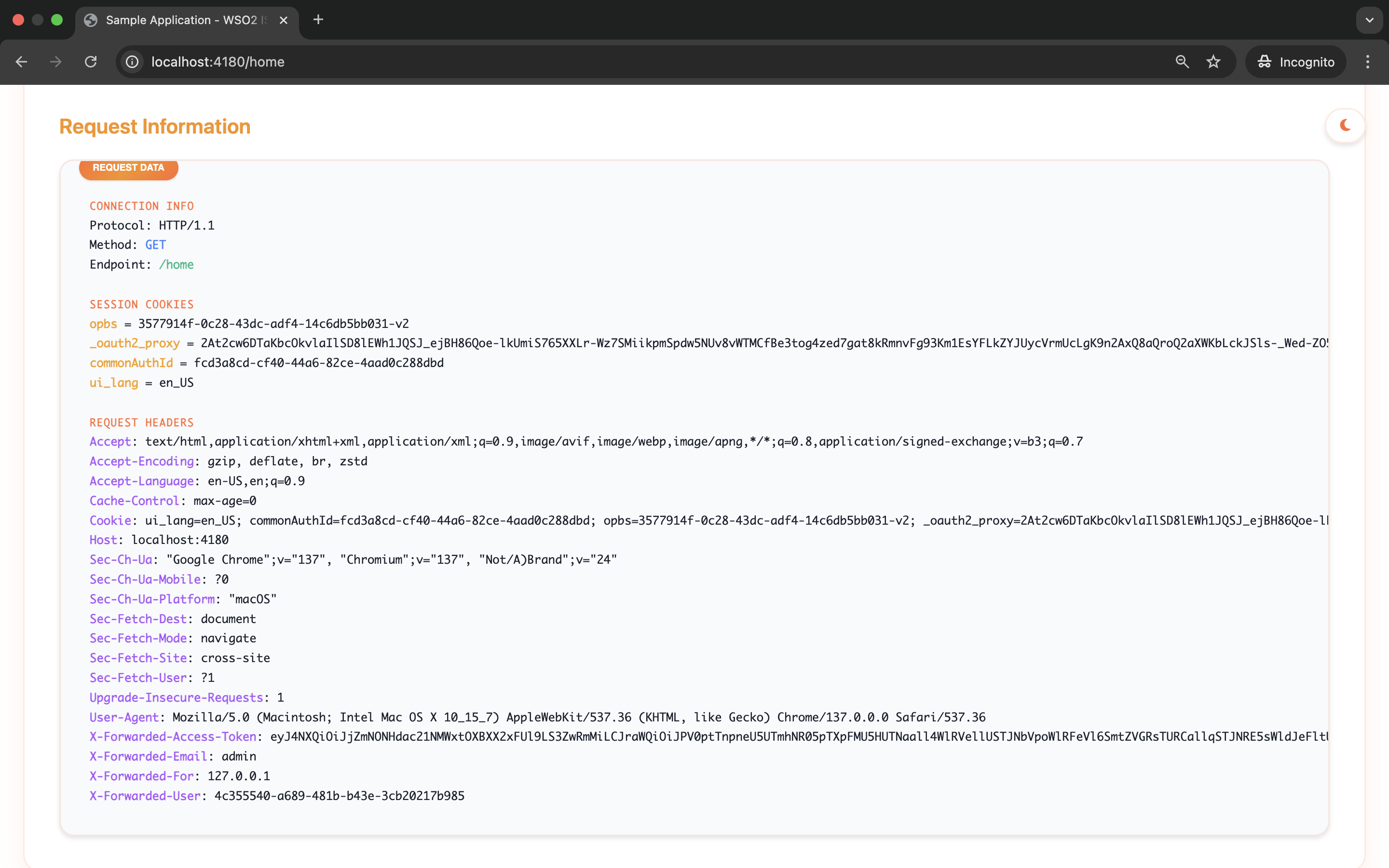 OAuth2 Proxy logged in showing successful authentication and user information